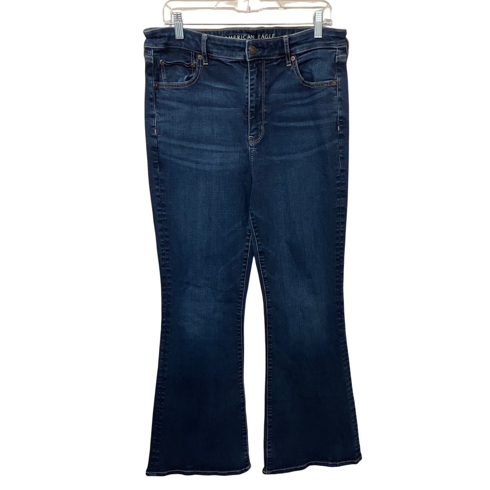 American Eagle Super Hi-Rise Flare Jeans Dark Wash Super Stretch 16 Long
